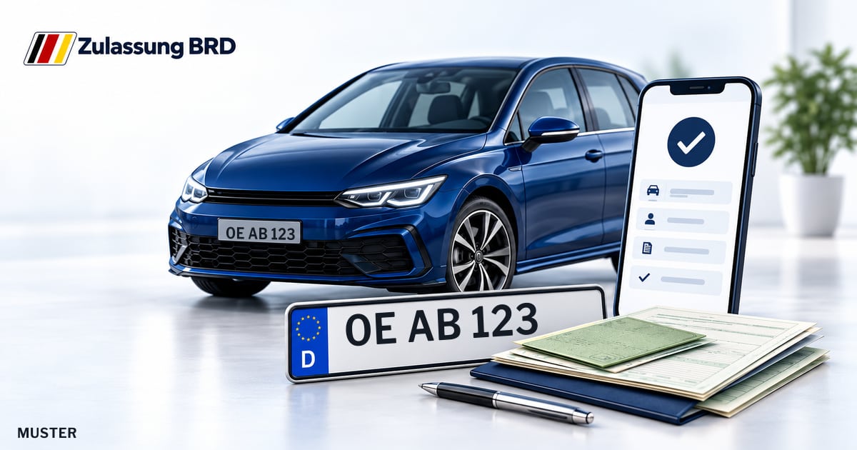 Online Fahrzeugzulassung in Olpe: Musterkennzeichen OE AB 123, Auto und Fahrzeugpapiere und Smartphone. Illustration mit Logo von Zulassung BRD.